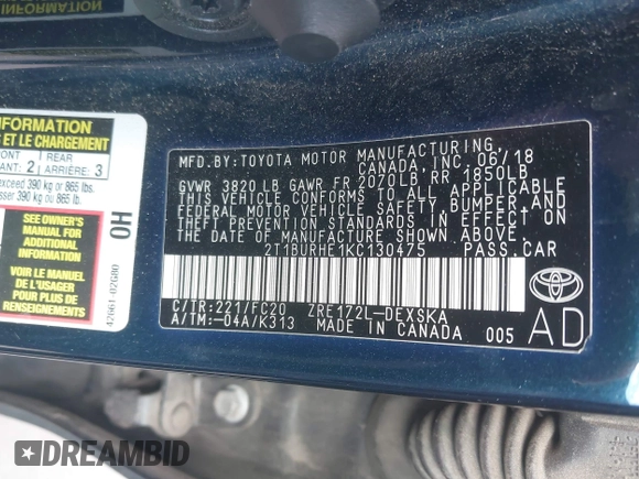 2019 Toyota Corolla L with VIN 2T1BURHE1KC130475, listed as a IAAI auction lot 42126037 with 139,029 mi miles and . Bid and sale history available at DreamBid. Image 9.