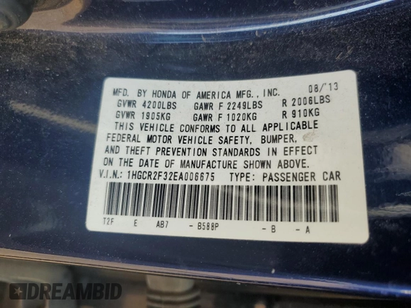 2014 Honda Accord LX z VIN 1HGCR2F32EA006675, wystawiony jako Copart lot #56894015 z przebiegiem 204 330 mil mil oraz Szkoda całkowita • Salvage title. Historia ofert i sprzedaży dostępna na DreamBid. Obrazek 12.