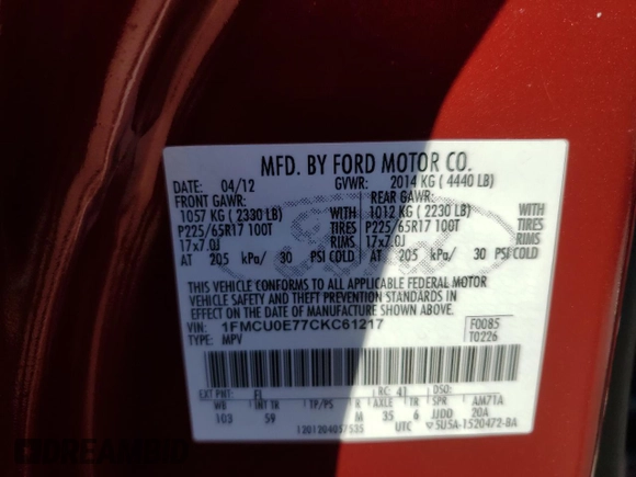 2012 Ford Escape Limited z VIN 1FMCU0E77CKC61217, wystawiony jako Copart lot #87172104 z przebiegiem 130 048 mil mil oraz Szkody całkowita. Historia ofert i sprzedaży dostępna na DreamBid. Obrazek 14.
