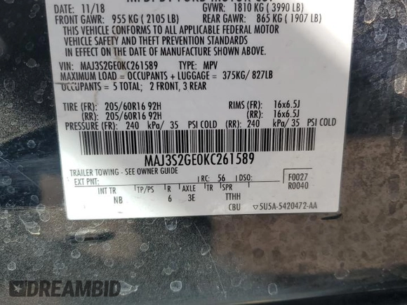 2019 Ford EcoSport SE z VIN MAJ3S2GE0KC261589, wystawiony jako Copart lot #54852045 z przebiegiem 44 452 mil mil oraz Szkody całkowita. Historia ofert i sprzedaży dostępna na DreamBid. Obrazek 13.