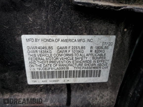 2020 Acura ILX w/Premium/A-SPEC Pkg with VIN 19UDE2F81LA008538, listed as a Copart auction lot 84619724 with 38,610 mi miles and Salvage Title. Bid and sale history available at carsss.com. Image 12.