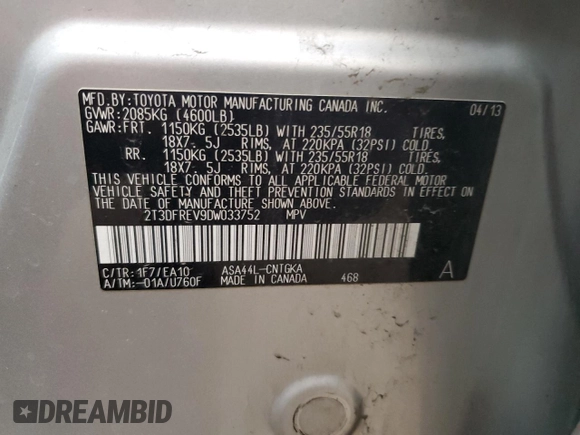 2013 Toyota RAV4 Limited z VIN 2T3DFREV9DW033752, wystawiony jako Copart lot #60479975 z przebiegiem 166 074 mil mil oraz Szkoda całkowita • Salvage title. Historia ofert i sprzedaży dostępna na DreamBid. Obrazek 13.