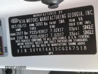 2012 Kia Sorento LX with VIN 5XYKT4A15CG267518, listed as a Copart auction lot 46803705 with 0 mi miles and Non Repairable. Bid and sale history available at carsss.com. Image 13.