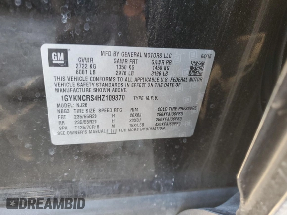 2017 Cadillac XT5 Premium Luxury FWD with VIN 1GYKNCRS4HZ109370, listed as a Copart auction lot 42352195 with 85,277 mi miles and Salvage title. Bid and sale history available at DreamBid. Image 13.