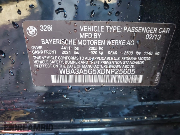 2013 BMW 3 Series 328i with VIN WBA3A5G5XDNP25605, listed as a IAAI auction lot 40854040 with 155,511 mi miles. Bid and sale history available at carsss.com. Image 9.