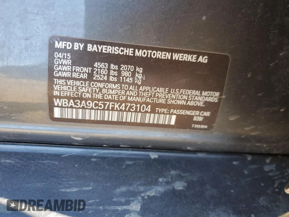 2015 BMW 3 Series 335i with VIN WBA3A9C57FK473104, listed as a Copart auction lot 54974185 with 112,370 mi miles and Salvage title. Bid and sale history available at DreamBid. Image 12.