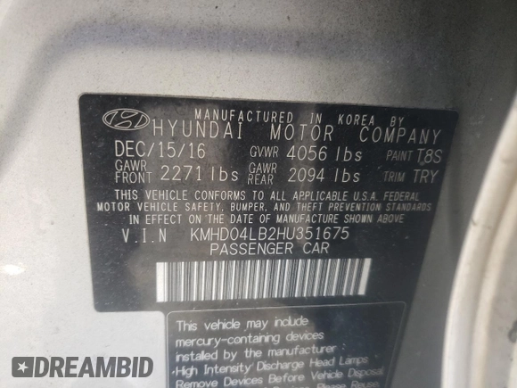 2017 Hyundai Elantra Sport с VIN KMHD04LB2HU351675, выставлен на аукционе Copart как лот 42383575 с пробегом 159 708 миль миль и Списание • Salvage title. История ставок и продаж доступна на DreamBid. Изображение 14.