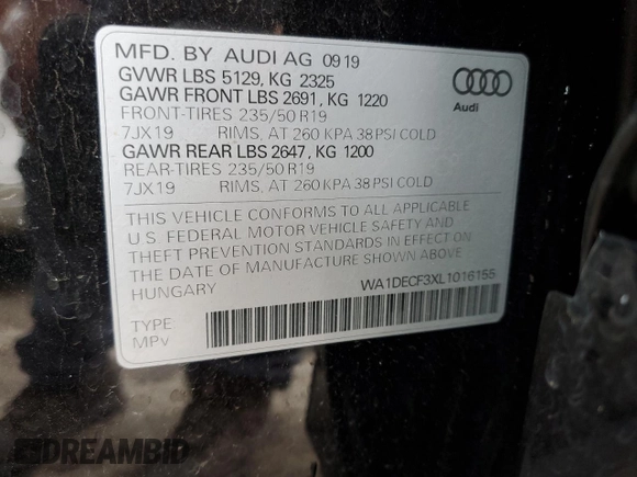 2020 Audi Q3 S line Premium with VIN WA1DECF3XL1016155, listed as a Copart auction lot 37987063 with 38,409 mi miles. Bid and sale history available at carsss.com. Image 13.