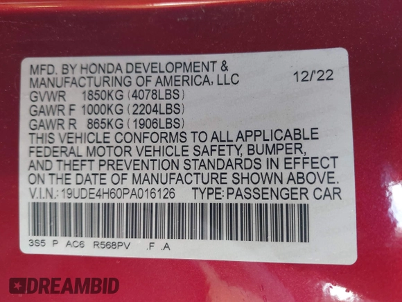 2023 Acura Integra Technology with VIN 19UDE4H60PA016126, listed as a IAAI auction lot 41561871 with 15,157 mi miles and . Bid and sale history available at DreamBid. Image 9.