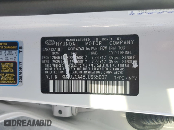 2018 Hyundai Tucson SE z VIN KM8J2CA48JU665607, wystawiony jako Copart lot #51072685 z przebiegiem 96 318 mil mil oraz Szkody całkowita. Historia ofert i sprzedaży dostępna na DreamBid. Obrazek 13.