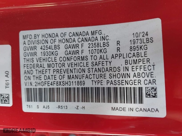2025 Honda Civic Sedan Hybrid Sport with VIN 2HGFE4F8XSH311869, listed as a IAAI auction lot 41349287 with NaN miles. Bid and sale history available at carsss.com. Image 9.