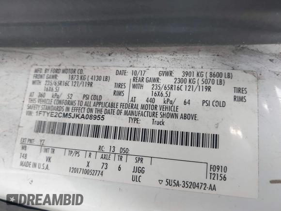 2018 Ford Transit с VIN 1FTYE2CM5JKA08955, выставлен на аукционе IAAI как лот 41784665 с пробегом 171 357 миль миль и . История ставок и продаж доступна на DreamBid. Изображение 9.