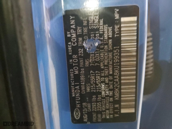 2019 Hyundai Kona SEL with VIN KM8K2CAA8KU199351, listed as a Copart auction lot 45726445 with 68,974 mi miles and Salvage Title. Bid and sale history available at carsss.com. Image 13.