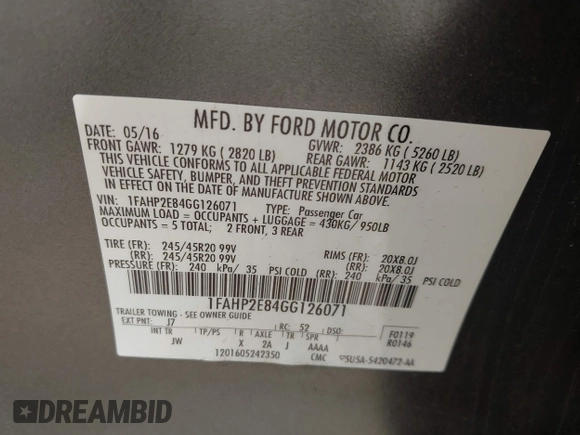 2016 Ford Taurus SEL with VIN 1FAHP2E84GG126071, listed as a IAAI auction lot 42107321 with 99,211 mi miles and . Bid and sale history available at DreamBid. Image 9.