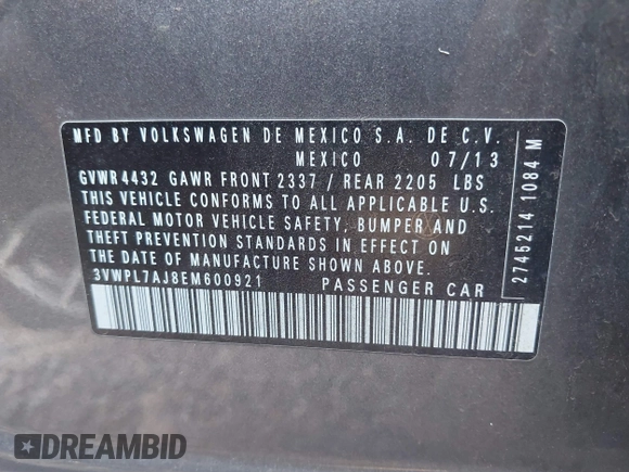 2014 Volkswagen Jetta TDI w/Sunroof z VIN 3VWPL7AJ8EM600921, wystawiony jako IAAI lot #42682570 z przebiegiem 148 591 mil mil oraz . Historia ofert i sprzedaży dostępna na DreamBid. Obrazek 9.
