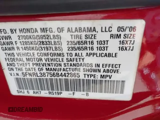 2006 Honda Odyssey EX-L with VIN 5FNRL38756B442865, listed as a IAAI auction lot 42115076 with 183,208 mi miles. Bid and sale history available at carsss.com. Image 9.