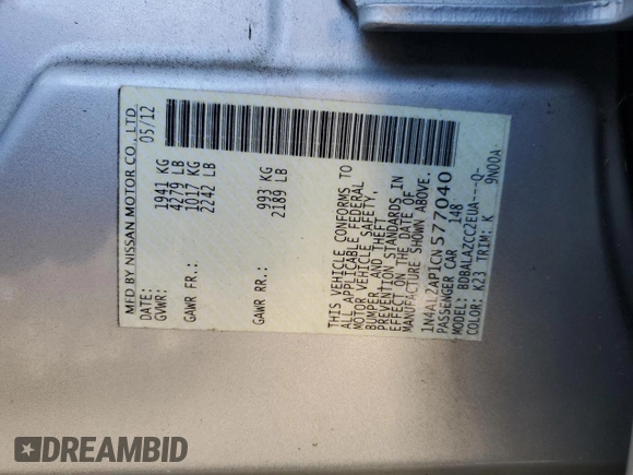 2012 Nissan Altima 2.5 SL with VIN 1N4AL2AP1CN577040, listed as a Copart auction lot 86922634 with 141,312 mi miles and Clean Title. Bid and sale history available at carsss.com. Image 12.