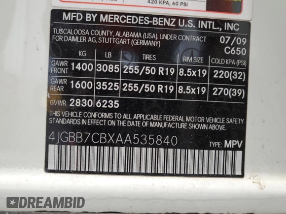 2010 Mercedes-Benz M 550 with VIN 4JGBB7CBXAA535840, listed as a Copart auction lot 69660384 with 145,259 mi miles and Non Repairable. Bid and sale history available at DreamBid. Image 13.