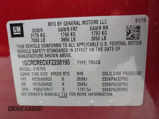 2015 Chevrolet Silverado 1500 LT with VIN 1GCRCRECXFZ238190, listed as a IAAI auction lot 42056318 with 102,040 mi miles. Bid and sale history available at carsss.com. Image 9.