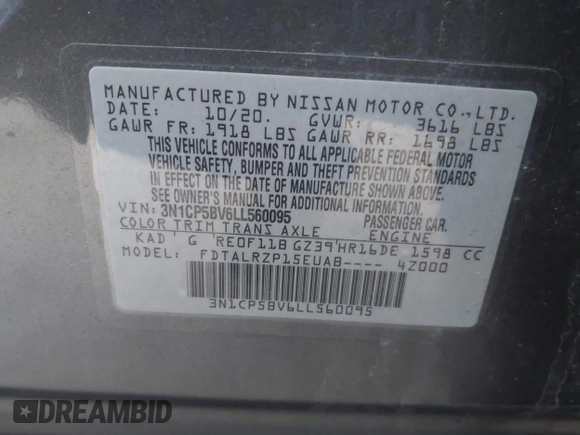 2020 Nissan Kicks S with VIN 3N1CP5BV6LL560095, listed as a IAAI auction lot 41305423 with 109,017 mi miles. Bid and sale history available at carsss.com. Image 9.
