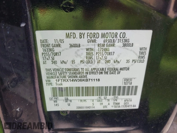 2006 Ford F-150 STX with VIN 1FTRX14W36KB71118, listed as a IAAI auction lot 42075719 with 190,713 mi miles and . Bid and sale history available at DreamBid. Image 9.