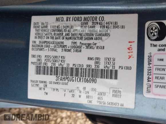 2012 Ford Fusion SEL with VIN 3FAHP0JG1CR106090, listed as a IAAI auction lot 39492904 with 120,721 mi miles. Bid and sale history available at carsss.com. Image 9.