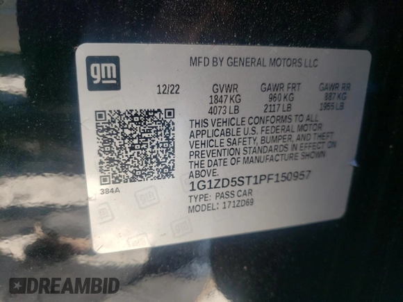 2023 Chevrolet Malibu LT with VIN 1G1ZD5ST1PF150957, listed as a Copart auction lot 55366215 with 80,140 mi miles and Salvage Title. Bid and sale history available at DreamBid. Image 12.