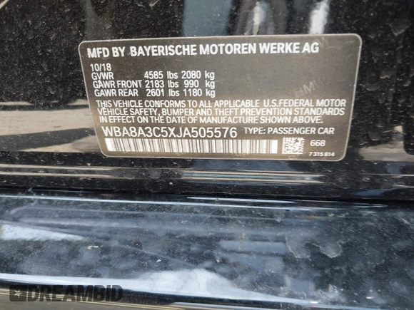 2018 BMW 3 Series 320i xDrive with VIN WBA8A3C5XJA505576, listed as a IAAI auction lot 42248730 with Not provided miles and . Bid and sale history available at DreamBid. Image 9.