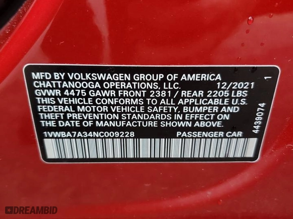 2022 Volkswagen Passat 2.0T Limited Edition with VIN 1VWBA7A34NC009228, listed as a Copart auction lot 84462874 with 37,018 mi miles and Salvage Title. Bid and sale history available at carsss.com. Image 12.