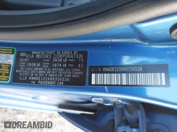2008 Kia Rio LX with VIN KNADE123X86356526, listed as a IAAI auction lot 41649783 with 201,934 mi miles. Bid and sale history available at carsss.com. Image 9.