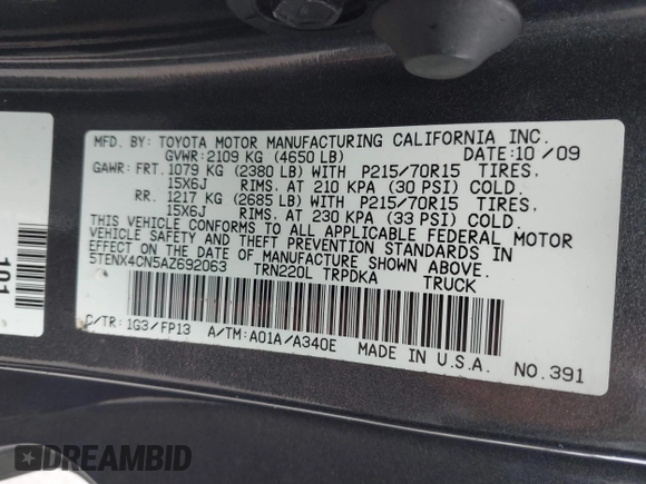 2010 Toyota Tacoma with VIN 5TENX4CN5AZ692063, listed as a IAAI auction lot 41587511 with 117,098 mi miles. Bid and sale history available at carsss.com. Image 9.