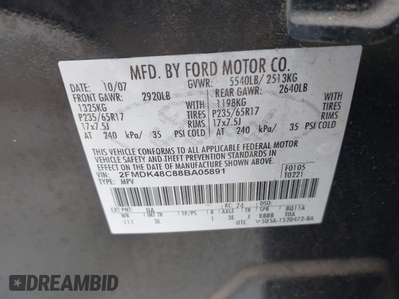 2008 Ford Edge SEL z VIN 2FMDK48C88BA05891, wystawiony jako IAAI lot #42311230 z przebiegiem 146 515 mil mil oraz . Historia ofert i sprzedaży dostępna na DreamBid. Obrazek 9.