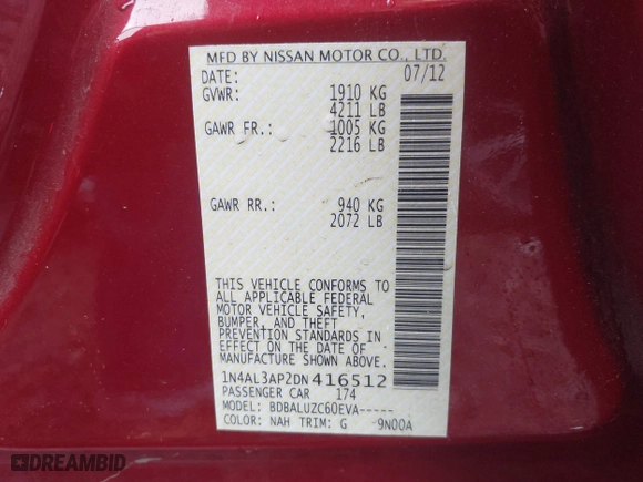 2013 Nissan Altima 2.5 SV with VIN 1N4AL3AP2DN416512, listed as a IAAI auction lot 41988790 with 91,067 mi miles. Bid and sale history available at carsss.com. Image 9.