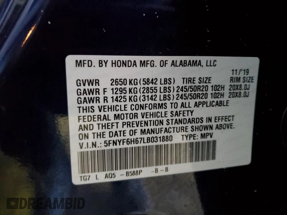 2020 Honda Pilot Touring 7-Passenger z VIN 5FNYF6H67LB031880, wystawiony jako Copart lot #46083925 z przebiegiem 59 729 mil mil oraz Szkoda całkowita • Salvage title. Historia ofert i sprzedaży dostępna na DreamBid. Obrazek 13.