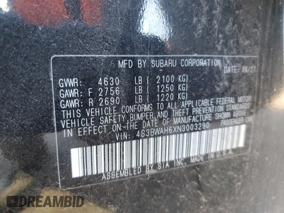 2022 Subaru Legacy Sport with VIN 4S3BWAH6XN3003290, listed as a Copart auction lot 70292284 with 46,850 mi miles and Salvage Title. Bid and sale history available at carsss.com. Image 13.
