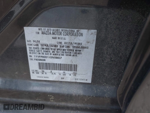 2004 Mazda 6 s with VIN 1YVFP80D145N58837, listed as a IAAI auction lot 42128696 with 246,744 mi miles and . Bid and sale history available at DreamBid. Image 8.