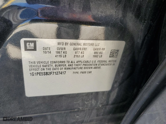 2015 Chevrolet Cruze LT with VIN 1G1PE5SB2F7127417, listed as a Copart auction lot 48847865 with 143,134 mi miles and Salvage Title. Bid and sale history available at carsss.com. Image 14.