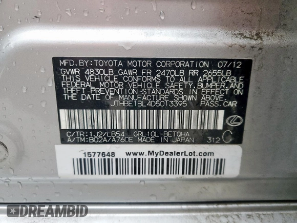 2013 Lexus GS 350 with VIN JTHBE1BL4D5013395, listed as a Copart auction lot 54781915 with 160,187 mi miles and Salvage Title. Bid and sale history available at DreamBid. Image 12.