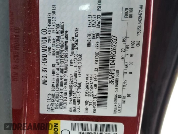 2017 Ford Fusion SE with VIN 3FA6P0HD4HR262327, listed as a Copart auction lot 50917175 with 92,969 mi miles and Salvage Title. Bid and sale history available at carsss.com. Image 12.