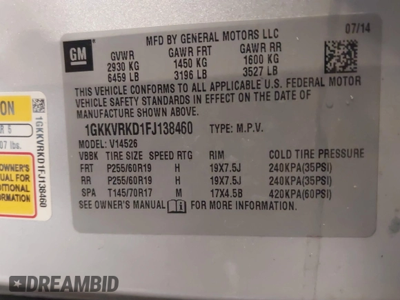 2015 GMC Acadia SLT with VIN 1GKKVRKD1FJ138460, listed as a IAAI auction lot 41500569 with 157,267 mi miles. Bid and sale history available at carsss.com. Image 9.