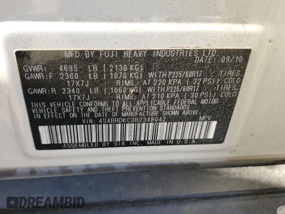 2011 Subaru Outback Limited Power Moon z VIN 4S4BRDKC0B2348042, wystawiony jako Copart lot #57184245 z przebiegiem 186 366 mil mil oraz Szkoda całkowita • Salvage title. Historia ofert i sprzedaży dostępna na DreamBid. Obrazek 12.