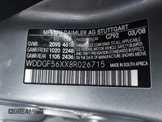 2008 Mercedes-Benz C 350 Sport with VIN WDDGF56XX8R026715, listed as a IAAI auction lot 41471358 with 158,680 mi miles and . Bid and sale history available at DreamBid. Image 9.