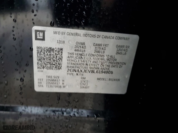 2020 Chevrolet Equinox LT with VIN 2GNAXJEV8L6194905, listed as a Copart auction lot 44890635 with 92,252 mi miles and Salvage Title. Bid and sale history available at carsss.com. Image 15.