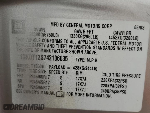 2004 GMC Envoy SLT with VIN 1GKDT13S742106035, listed as a Copart auction lot 77692884 with 122,188 mi miles and Non Repairable. Bid and sale history available at DreamBid. Image 13.
