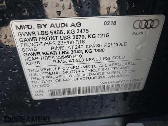 2018 Audi Q5 Premium with VIN WA1ANAFY7J2143407, listed as a IAAI auction lot 41642531 with 71,169 mi miles. Bid and sale history available at carsss.com. Image 9.