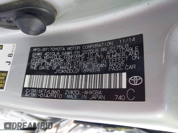 2015 Toyota Prius Four with VIN JTDKN3DU2F1899374, listed as a IAAI auction lot 42147786 with 136,787 mi miles and . Bid and sale history available at DreamBid. Image 9.