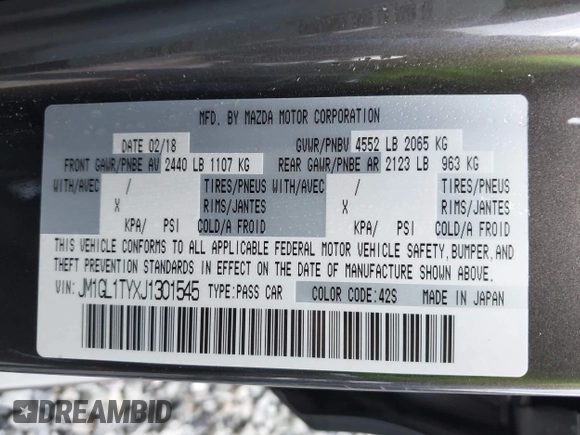 2018 Mazda 6 Grand Touring with VIN JM1GL1TYXJ1301545, listed as a IAAI auction lot 41131114 with 34,089 mi miles and . Bid and sale history available at DreamBid. Image 9.