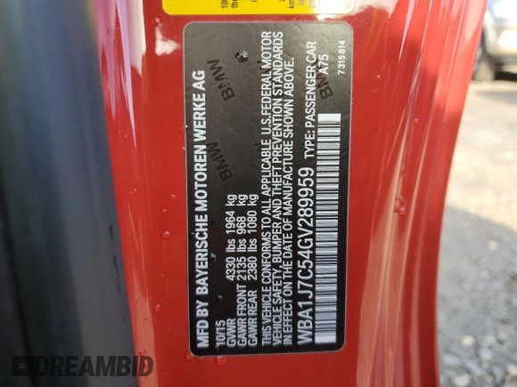2016 BMW 2 Series M235i with VIN WBA1J7C54GV289959, listed as a Copart auction lot 41477525 with 54,146 mi miles and Salvage title. Bid and sale history available at DreamBid. Image 12.