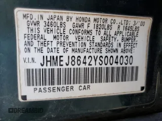 2000 Honda Civic EX with VIN JHMEJ8642YS004030, listed as a Copart auction lot 50002815 with 152,564 mi miles and Salvage Title. Bid and sale history available at carsss.com. Image 12.