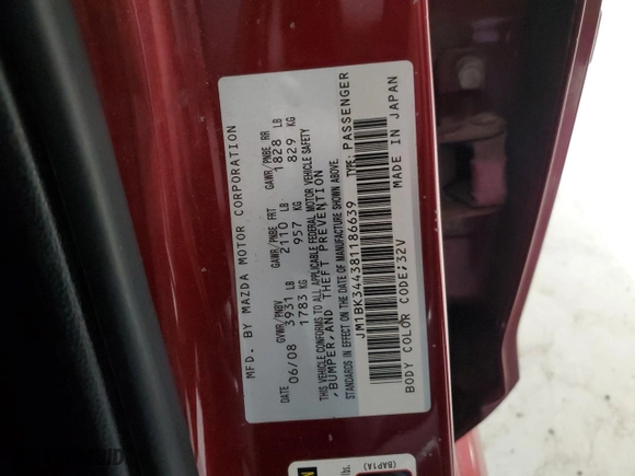 2008 Mazda Mazda3 s Grand Touring with VIN JM1BK344381186639, listed as a Copart auction lot 50184395 with 132,403 mi miles and Salvage Title. Bid and sale history available at carsss.com. Image 12.